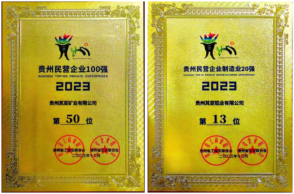 喜报！贵州其亚铝业、贵州其亚矿业荣登 2023年贵州民营企业100强榜单